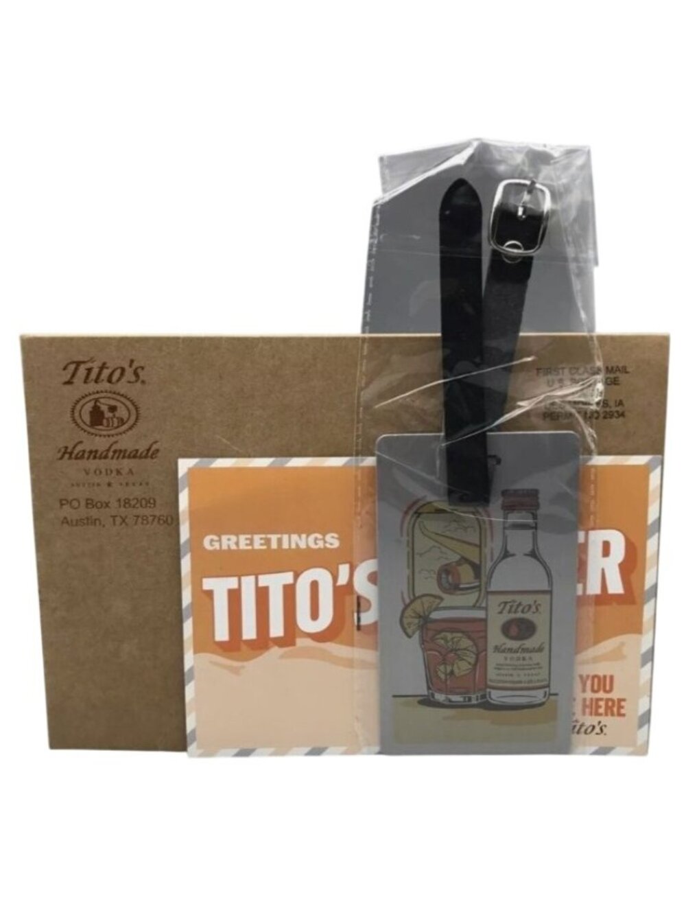 Tito's Vodka Luggage Tag Metal and Leather 2023 Holiday Promo Complete Package